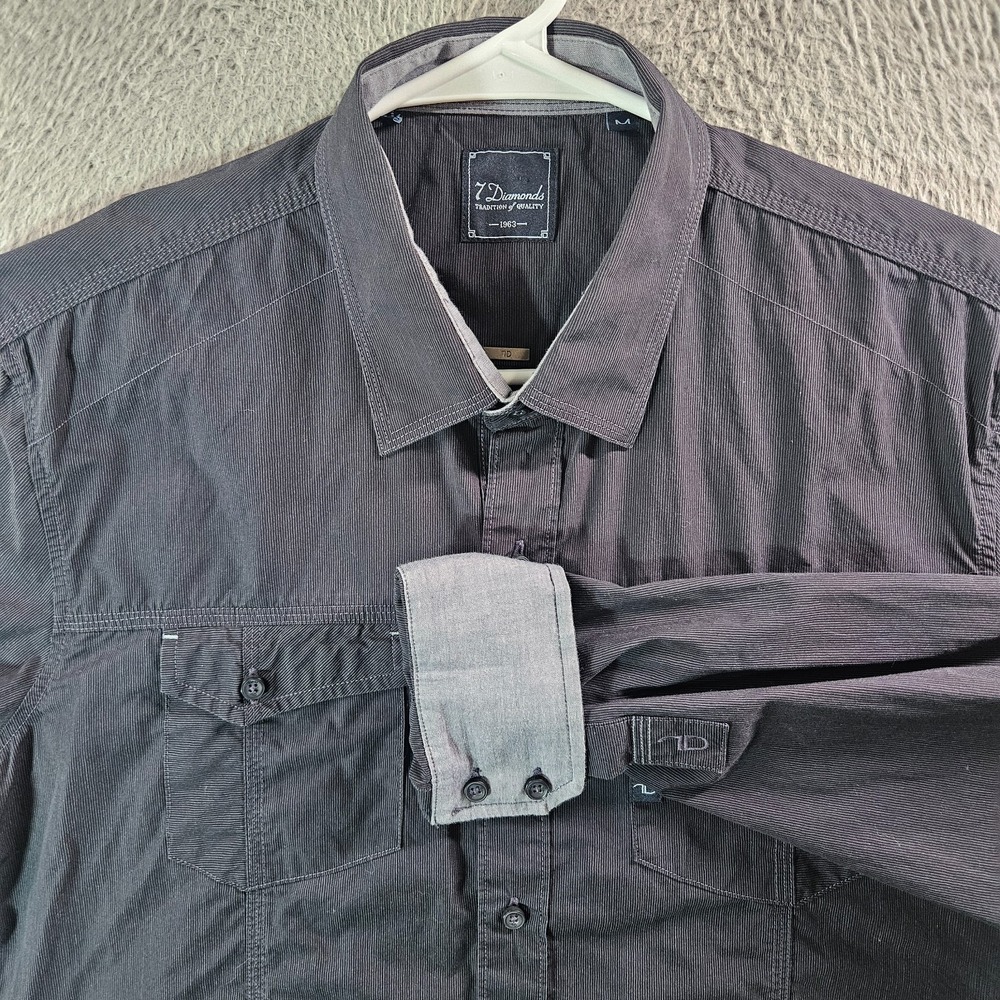 7 Diamonds Shirt Men Medium Button Up Long Sleeve Black Pinstriped